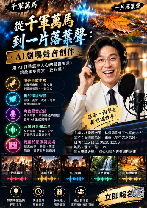 1151111 林雷恩老師演講：從千軍萬馬到一片落葉聲：AI劇場聲音創作圖片